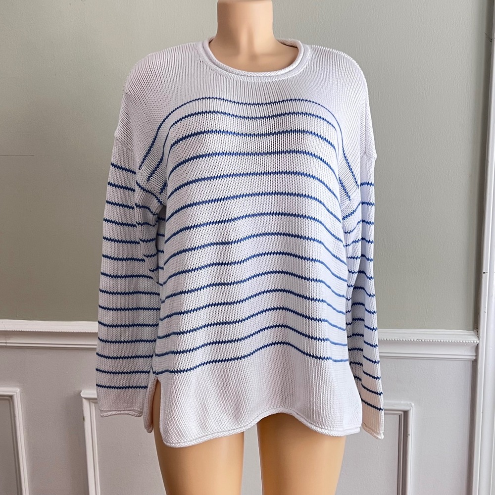 Lilly Pulitzer Striped Sweater Womens XL Cotton White Blue Coastal Nautical Knit